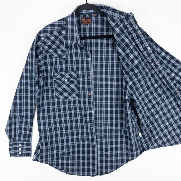 Plains Western Shirt Men's Large Long Sleeve Pearl Snaps Plaid Blue White - Picture 6 of 11